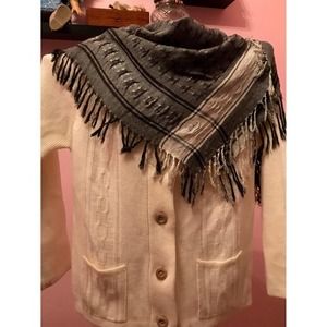 vintage '80s fringed scarf, green & off white